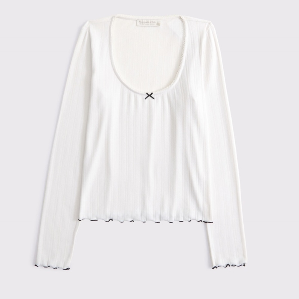White Long Sleeve Pointelle Top with Black Trim